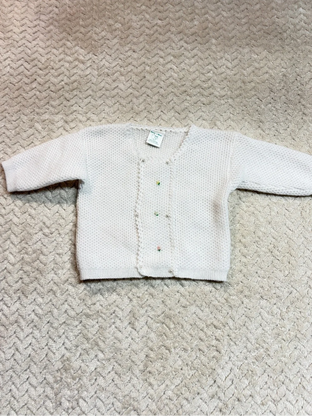 2 pc Baby Girl Outfit Set: 3M OshKosh Floral Overall Dress White Knit Cardigan